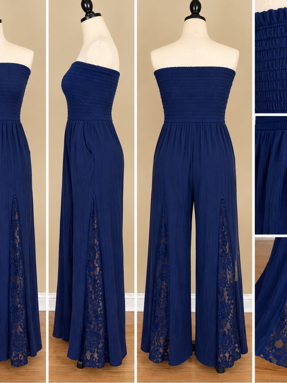 Amazon Strapless Navy Lace-Panel Wide Leg Jumpsuit